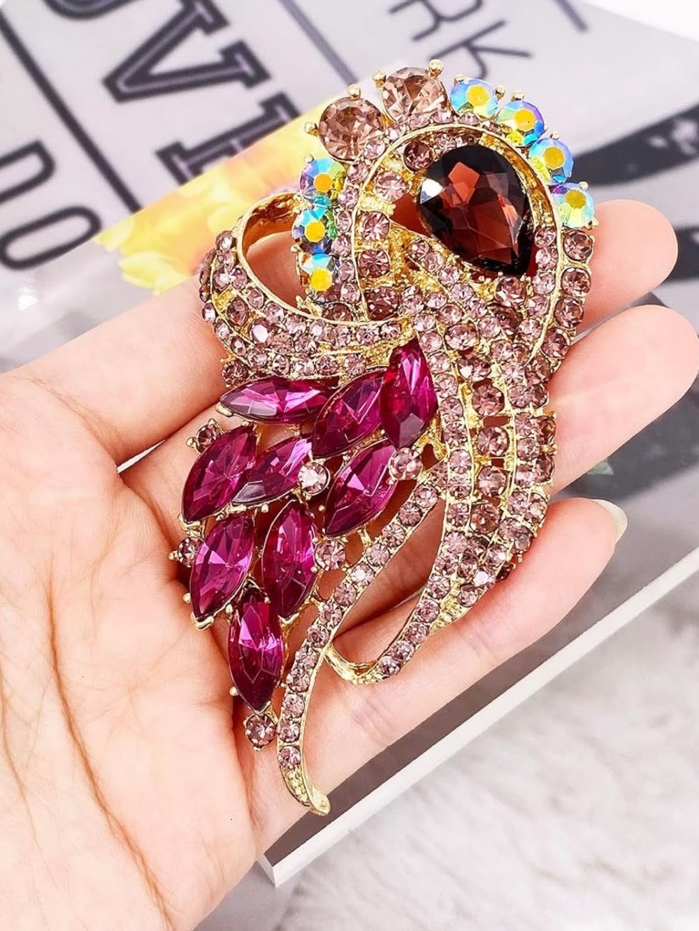 Anthropologie Gold Tone Pink and Burgundy Crystal Feather Brooch - Picture 1 of 5